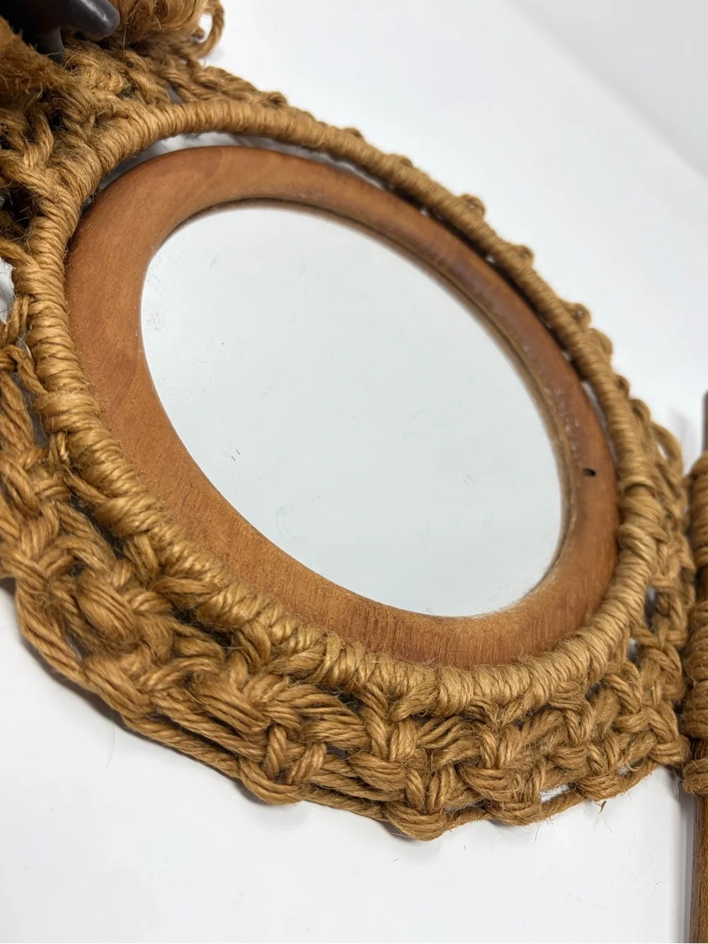 Vintage Macrame Owl Mirror Towel Holder Boho Wall Hanging Cottagecore 30”